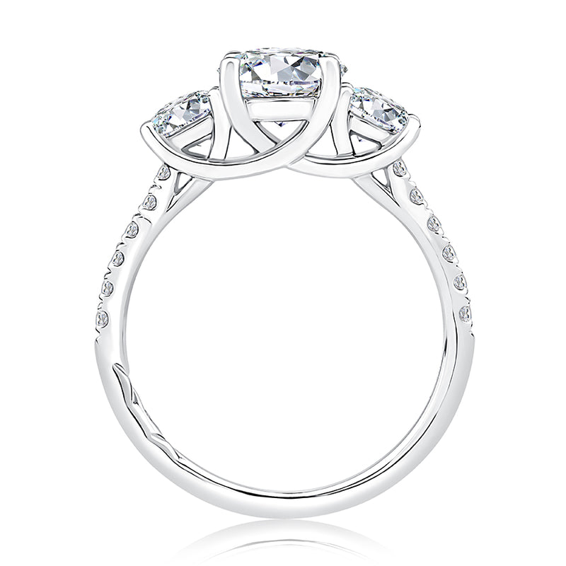 Three Stone Trellis Diamond Engagement Ring with Pave Diamond Band