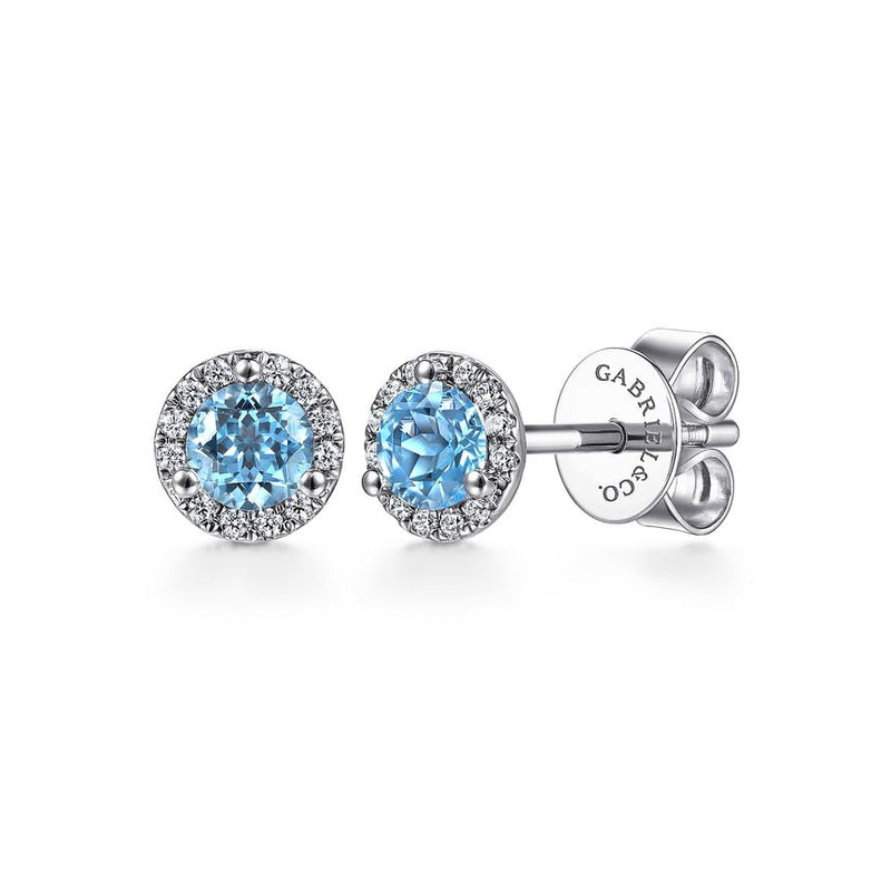 14K White Gold Diamond Halo Swiss Blue Topaz Stud Earrings - Everett Jewelry