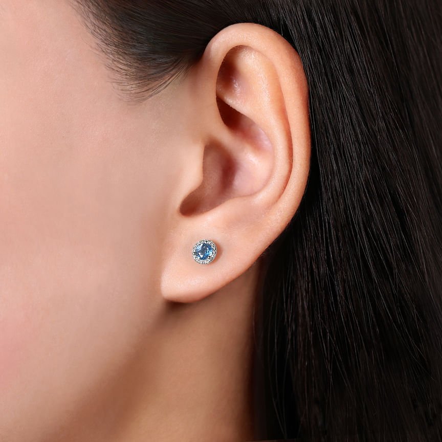 14K White Gold Diamond Halo Swiss Blue Topaz Stud Earrings - Everett Jewelry