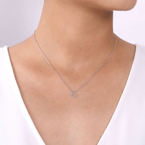 14K White Gold Open Heart Diamond Pendant Necklace - Everett Jewelry