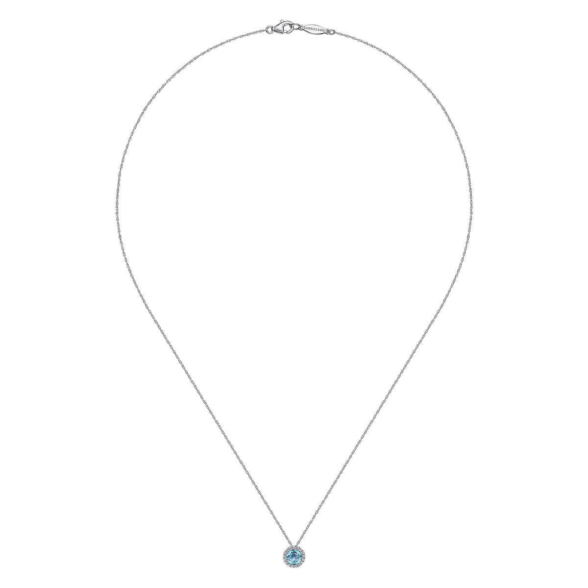 14K White Gold Round Swiss Blue Topaz and Diamond Halo Pendant Necklace - Everett Jewelry