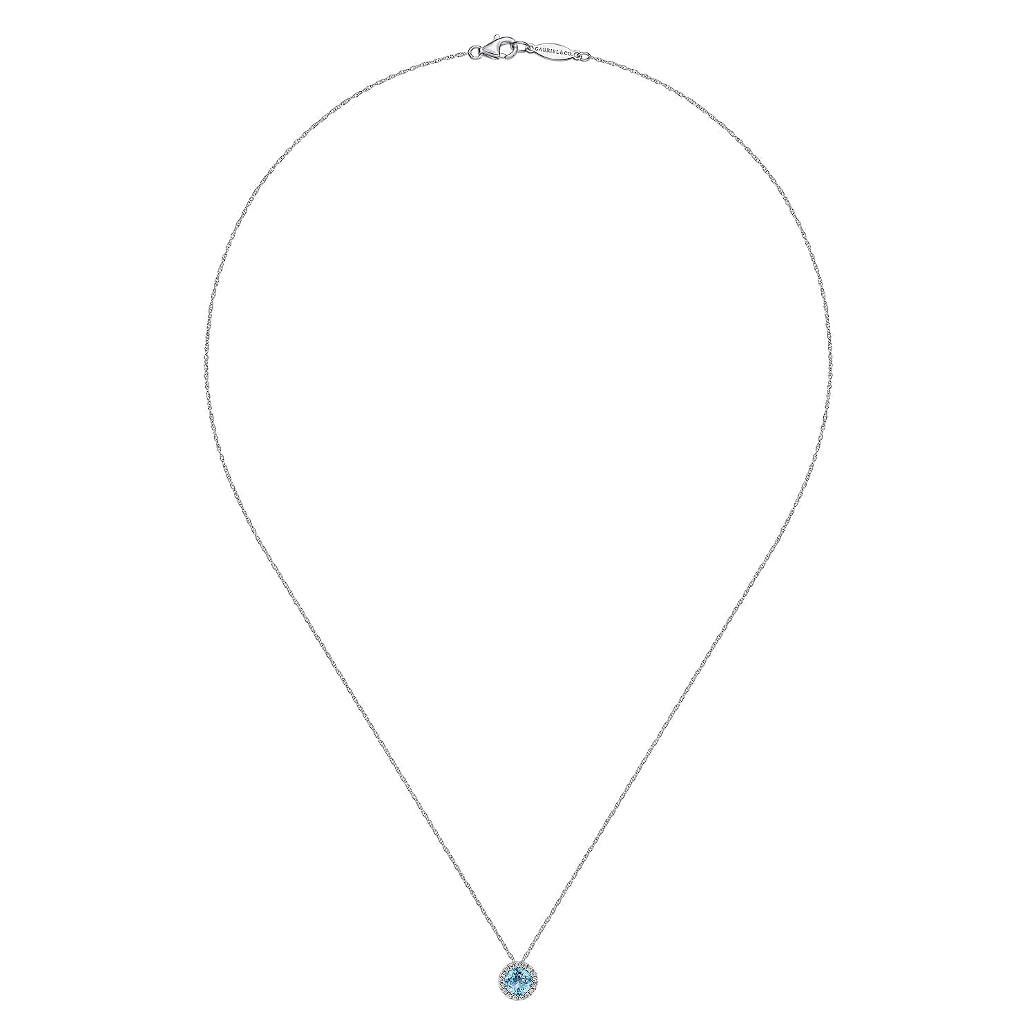 14K White Gold Round Swiss Blue Topaz and Diamond Halo Pendant Necklace - Everett Jewelry