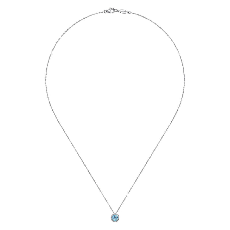 14K White Gold Round Swiss Blue Topaz and Diamond Halo Pendant Necklace - Everett Jewelry