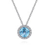 14K White Gold Round Swiss Blue Topaz and Diamond Halo Pendant Necklace - Everett Jewelry