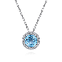 14K White Gold Round Swiss Blue Topaz and Diamond Halo Pendant Necklace - Everett Jewelry
