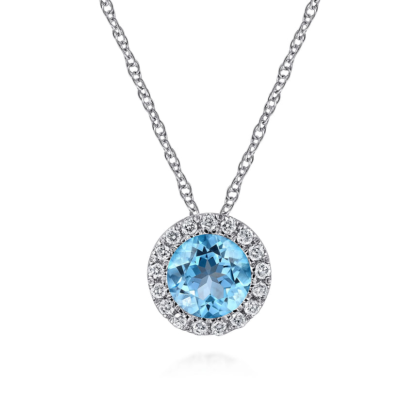 14K White Gold Round Swiss Blue Topaz and Diamond Halo Pendant Necklace - Everett Jewelry