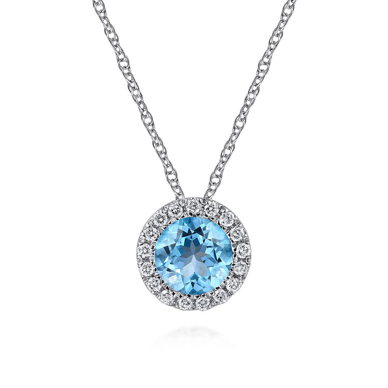14K White Gold Round Swiss Blue Topaz and Diamond Halo Pendant Necklace - Everett Jewelry