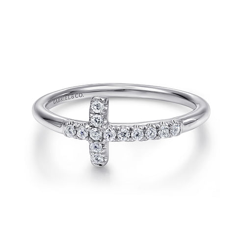 14K White Gold Sideways Diamond Cross Ring - Everett Jewelry