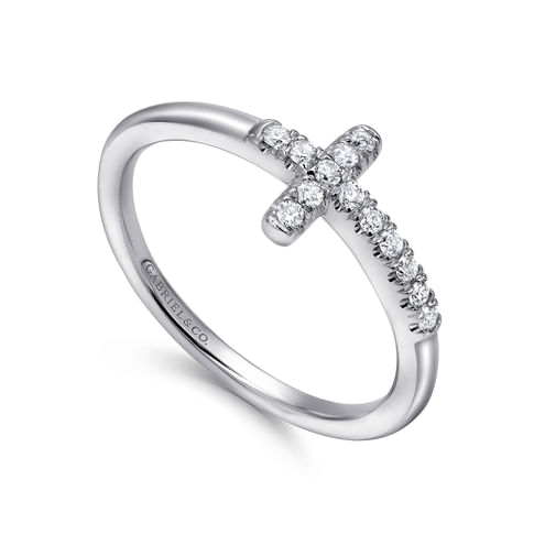 14K White Gold Sideways Diamond Cross Ring - Everett Jewelry
