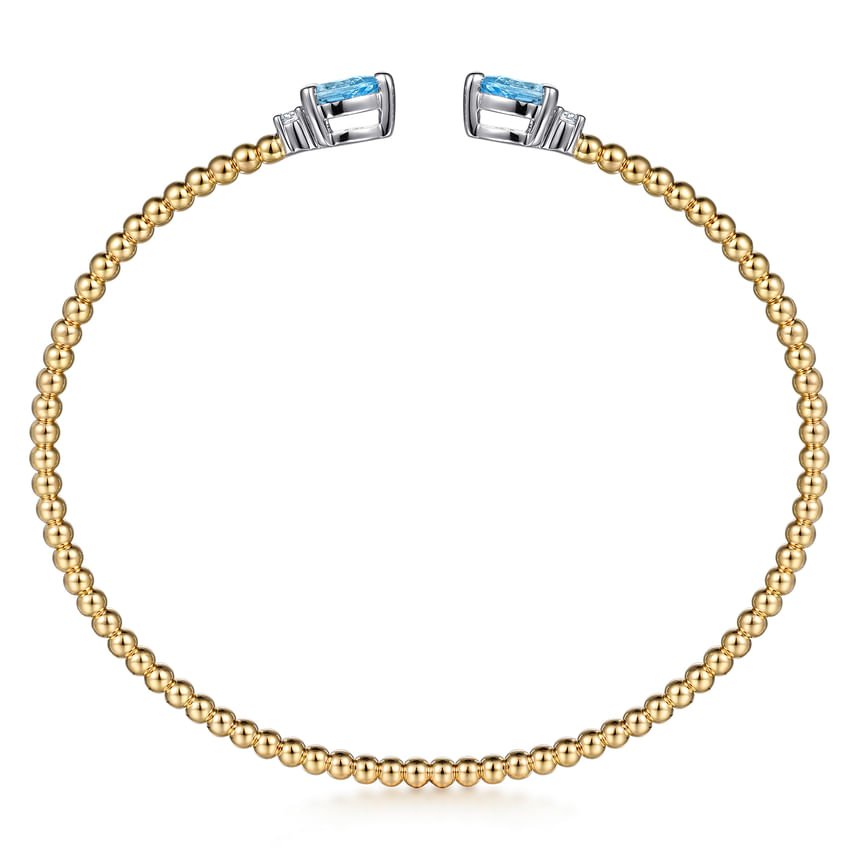 14K White Yellow Gold Bujukan Open Cuff Bracelet with Blue Topaz and Diamond End Caps - Everett Jewelry