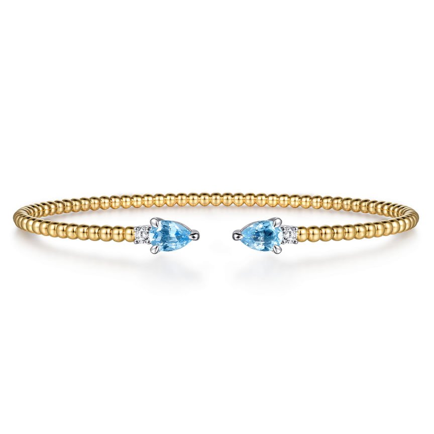 14K White Yellow Gold Bujukan Open Cuff Bracelet with Blue Topaz and Diamond End Caps - Everett Jewelry