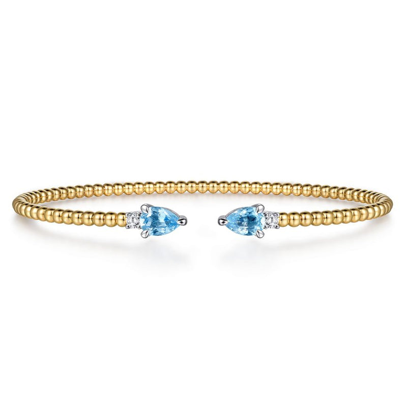 14K White Yellow Gold Bujukan Open Cuff Bracelet with Blue Topaz and Diamond End Caps - Everett Jewelry
