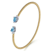 14K White Yellow Gold Bujukan Open Cuff Bracelet with Blue Topaz and Diamond End Caps - Everett Jewelry