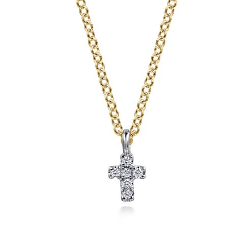 14K Yellow and White Gold Diamond Cross Pendant Necklace - Everett Jewelry