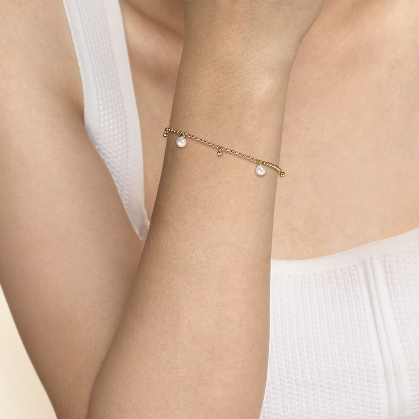 14K Yellow Gold Bujukan Beads and Pearl Droplet Bracelet - Everett Jewelry