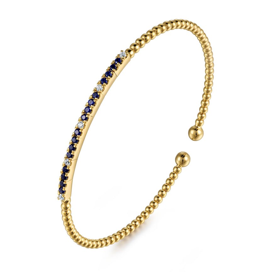 14K Yellow Gold Bujukan Diamond and Blue Sapphire Split Bangle - Everett Jewelry