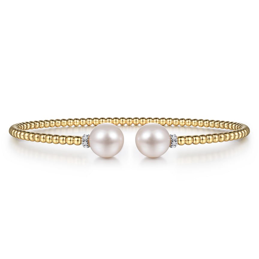14K Yellow Gold Bujukan Diamond and Pearl Split Bangle - Everett Jewelry
