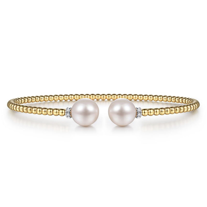 14K Yellow Gold Bujukan Diamond and Pearl Split Bangle - Everett Jewelry