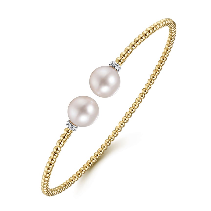 14K Yellow Gold Bujukan Diamond and Pearl Split Bangle - Everett Jewelry