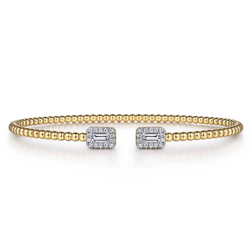 14K Yellow Gold Bujukan Open Cuff Bracelet with Diamond Baguettes - Everett Jewelry