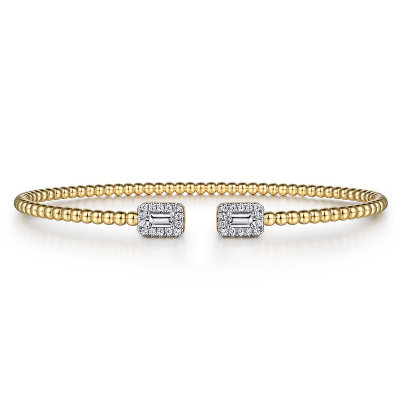 14K Yellow Gold Bujukan Open Cuff Bracelet with Diamond Baguettes - Everett Jewelry