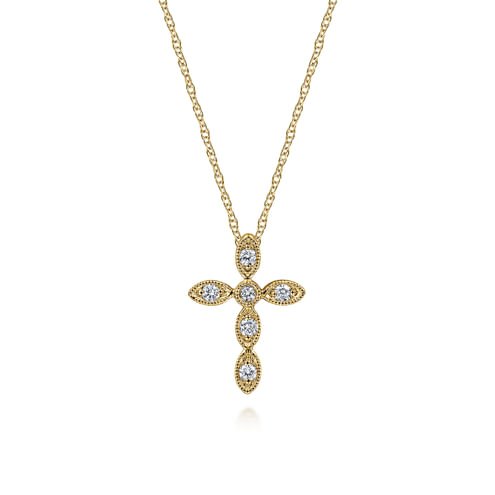 14K Yellow Gold Marquise Shaped Diamond Cross Necklace - Everett Jewelry