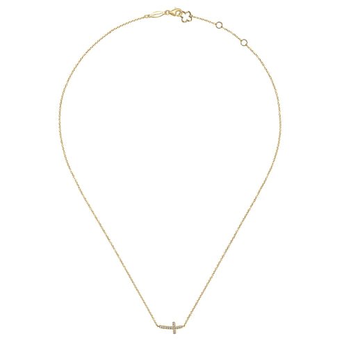 14K Yellow Gold Sideways Curved Diamond Cross Necklace - Everett Jewelry