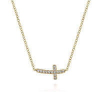 14K Yellow Gold Sideways Curved Diamond Cross Necklace - Everett Jewelry