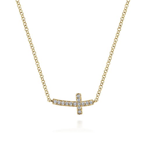 14K Yellow Gold Sideways Curved Diamond Cross Necklace - Everett Jewelry