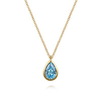 14K Yellow Gold Teardrop Blue Topaz Pendant Necklace - Everett Jewelry