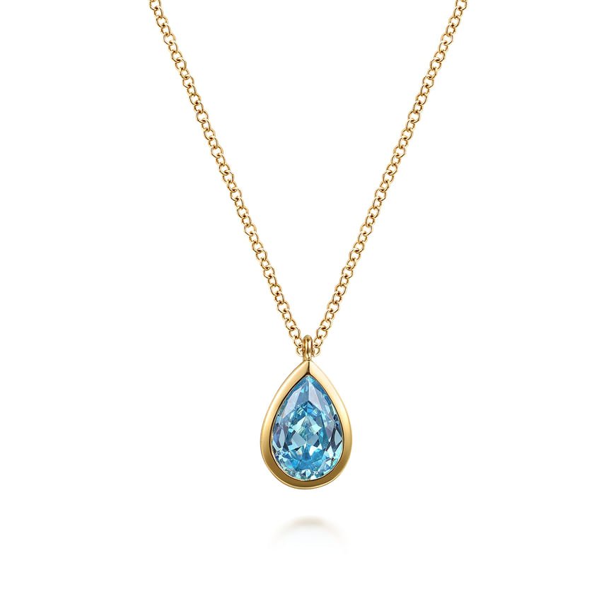 14K Yellow Gold Teardrop Blue Topaz Pendant Necklace - Everett Jewelry