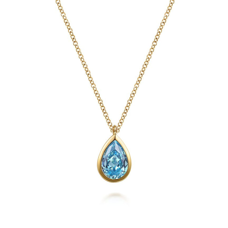 14K Yellow Gold Teardrop Blue Topaz Pendant Necklace - Everett Jewelry