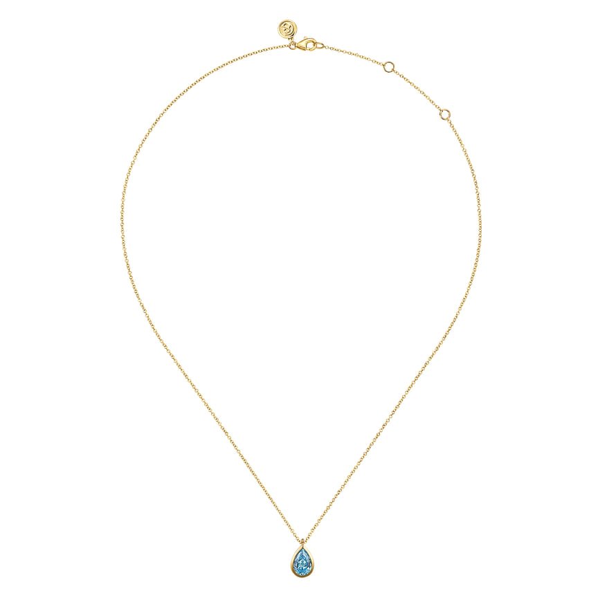 14K Yellow Gold Teardrop Blue Topaz Pendant Necklace - Everett Jewelry