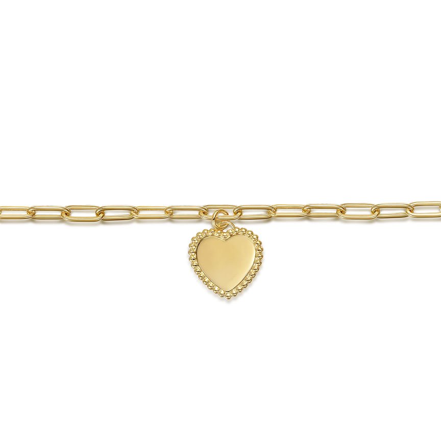 14K Yellow Plain Gold Paperclip Chain Bracelet with Personalized Bujukan Framed Heart Charm - Everett Jewelry