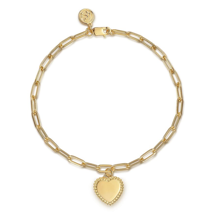 14K Yellow Plain Gold Paperclip Chain Bracelet with Personalized Bujukan Framed Heart Charm - Everett Jewelry