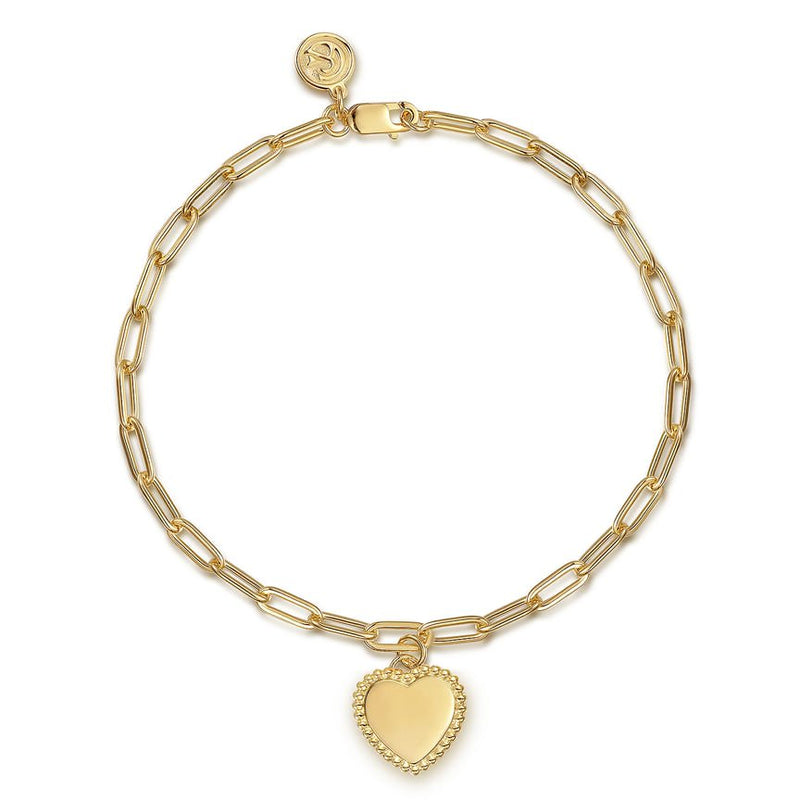 14K Yellow Plain Gold Paperclip Chain Bracelet with Personalized Bujukan Framed Heart Charm - Everett Jewelry