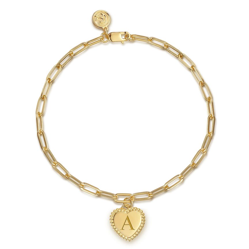 14K Yellow Plain Gold Paperclip Chain Bracelet with Personalized Bujukan Framed Heart Charm - Everett Jewelry