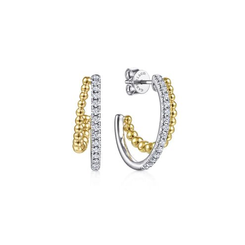 14K Yellow - White Gold 20 mm Diamond and Bead Double Row Classic Hoop Earrings - Everett Jewelry