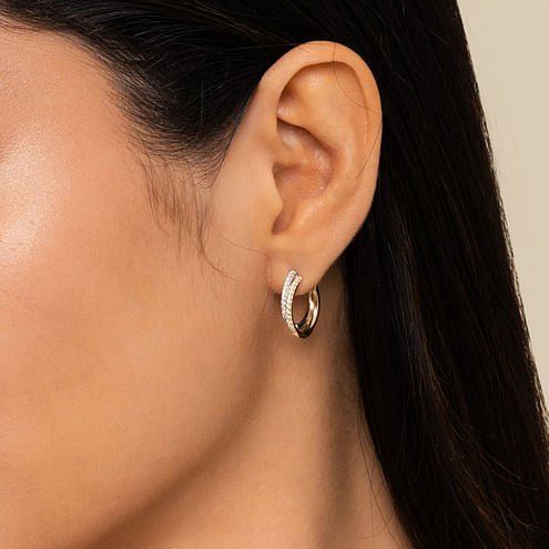 14K Yellow - White Gold Layered 15mm Diamond Huggie Earrings - Everett Jewelry