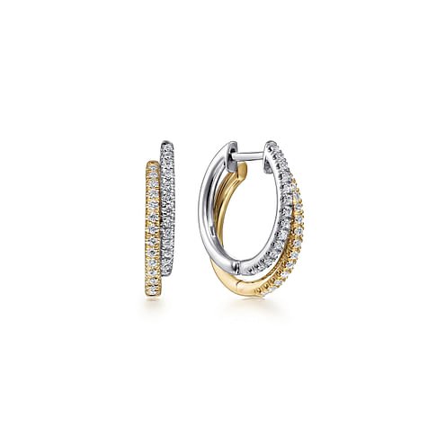 14K Yellow - White Gold Layered 15mm Diamond Huggie Earrings - Everett Jewelry