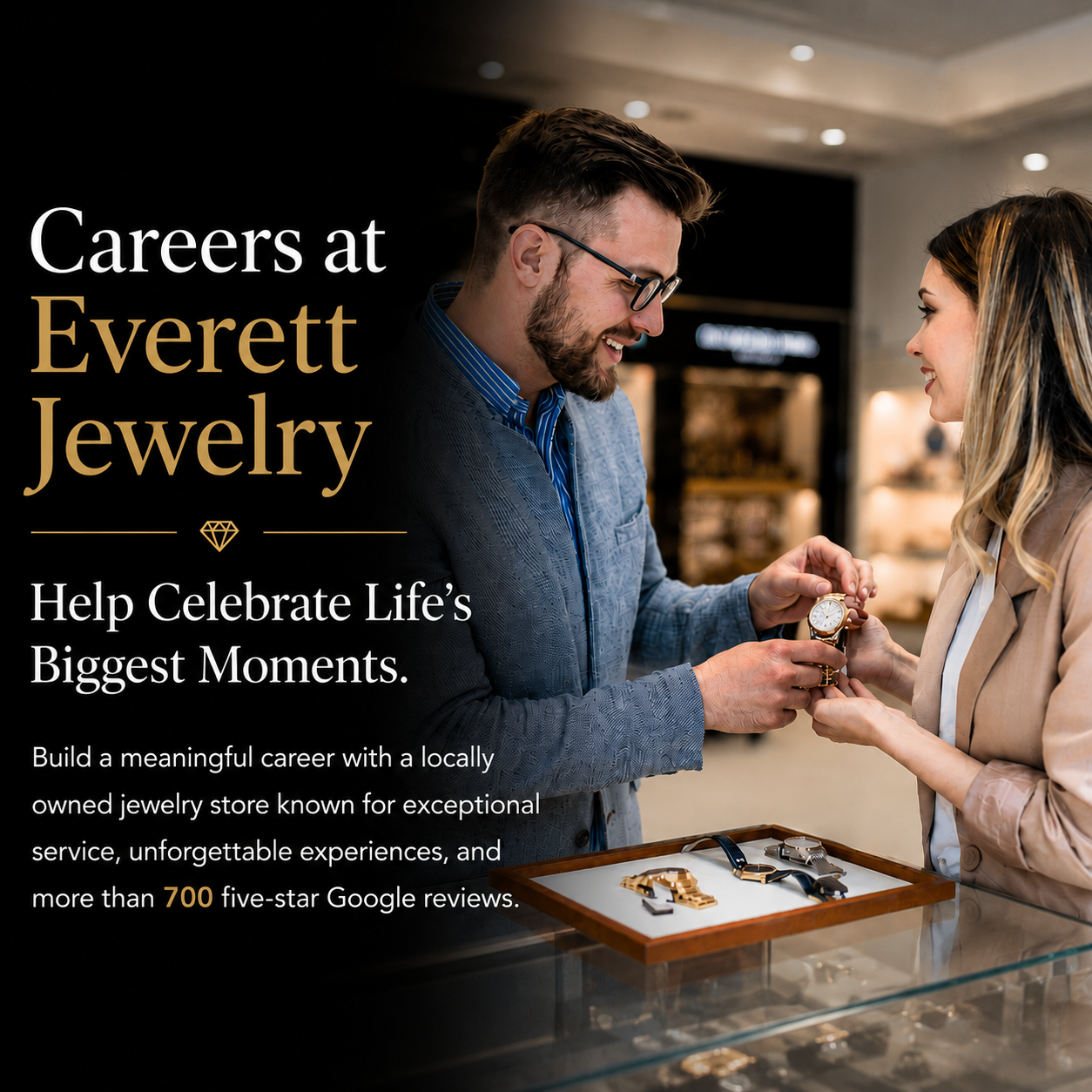 A promotional banner for Everett Jewelry featuring a man and a woman in a jewelry store. The man, wearing glasses and a blue blazer, is holding a gold watch while the woman in a beige blazer looks on.