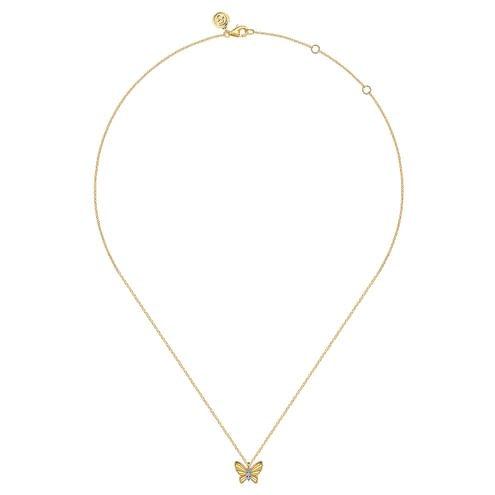 Butterfly - 14K Yellow Gold Butterfly Necklace With Diamond Cut Finish And Graduating Diamonds - Everett Jewelry