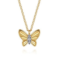 Butterfly - 14K Yellow Gold Butterfly Necklace With Diamond Cut Finish And Graduating Diamonds - Everett Jewelry