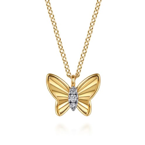 Butterfly - 14K Yellow Gold Butterfly Necklace With Diamond Cut Finish And Graduating Diamonds - Everett Jewelry
