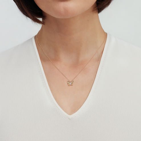 Butterfly - 14K Yellow Gold Butterfly Necklace With Diamond Cut Finish And Graduating Diamonds - Everett Jewelry