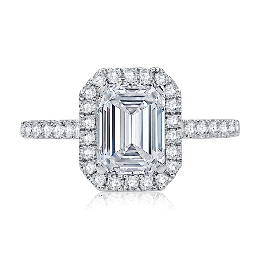 Emerald Cut Diamond Halo Engagement Ring with Quilted Interior - Everett Jewelry