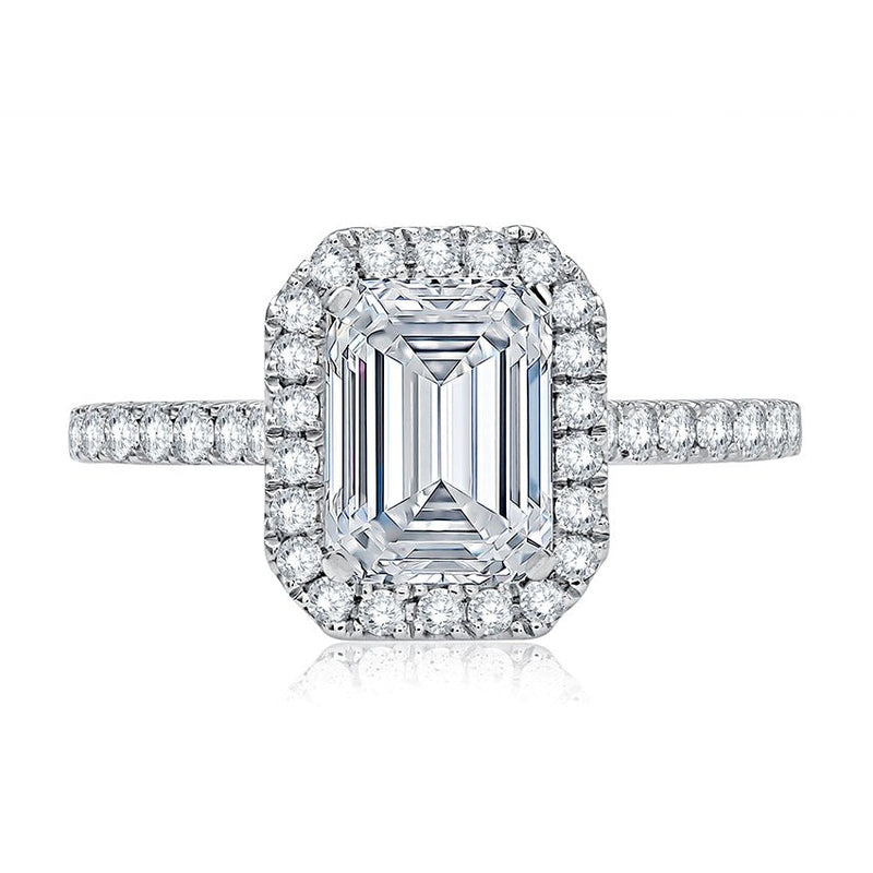 Emerald Cut Diamond Halo Engagement Ring with Quilted Interior - Everett Jewelry