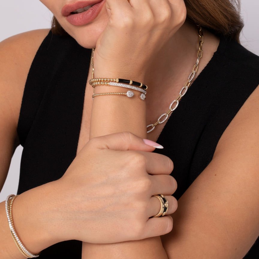 Enamel - 14K Yellow Gold Bujukan and Bar Split Bangle with Black Enamel - Everett Jewelry