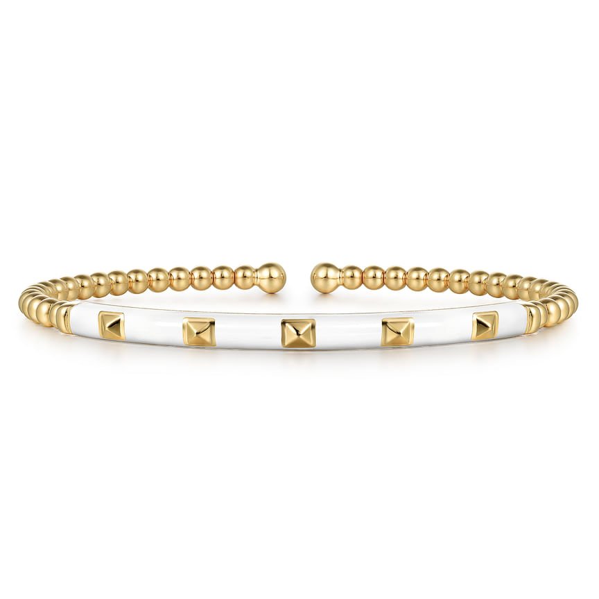 Enamel - 14K Yellow Gold Bujukan Beads and Pyramid Split Bangle with White Enamel - Everett Jewelry
