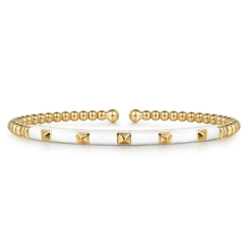 Enamel - 14K Yellow Gold Bujukan Beads and Pyramid Split Bangle with White Enamel - Everett Jewelry